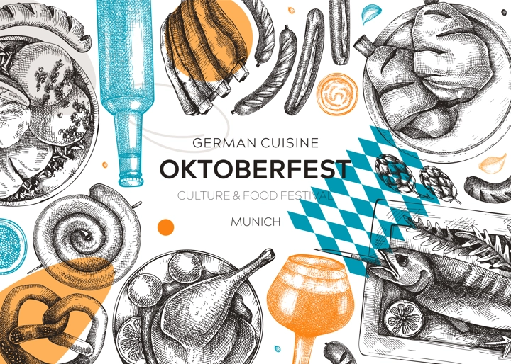 German food background in collage style. Oktoberfest menu trendy design. Vector meat dishes sketches and geometric shapes. German cuisine modern banner. Traditional Food festival illustration. 